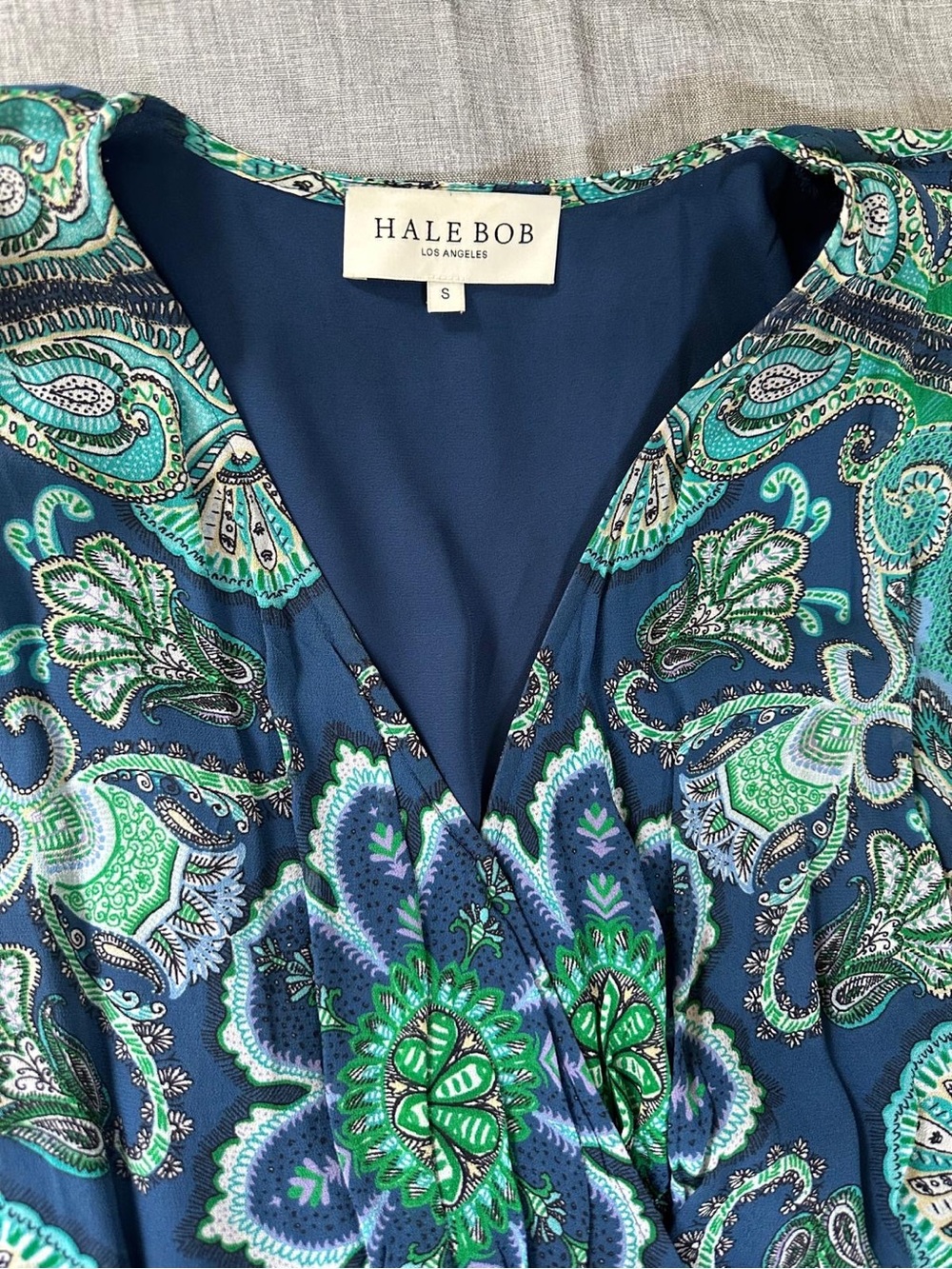 Hale Bob Sz S Navy and Teal Paisley V-Neck Dress - Picture 3 of 4